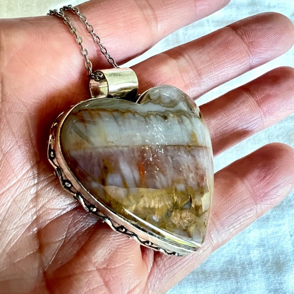 925 Earth Stone Red + Yellow! Moss Agate Heart ❤️ Necklace Pendant - Picture 5 of 9